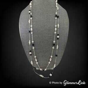 Black & White Faux Pearl Long Layered Necklace - 40" Silver Tone Chain